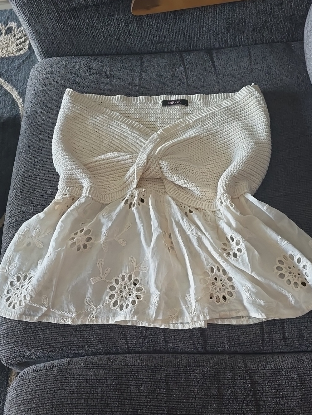 Cream Strapless Knit & Eyelet Top